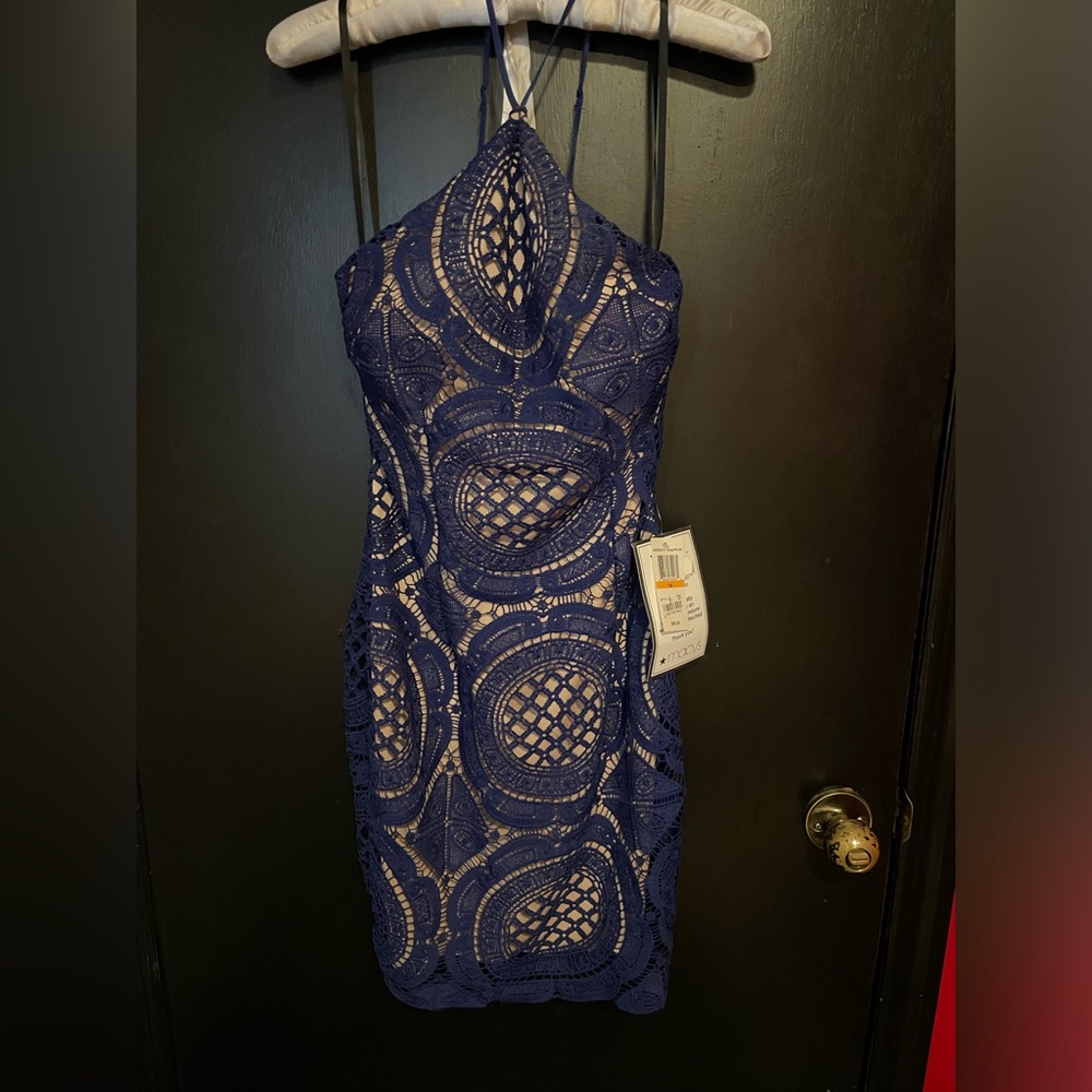 B.Darlin Brand royal blue and nude crocheted above the knee dress.